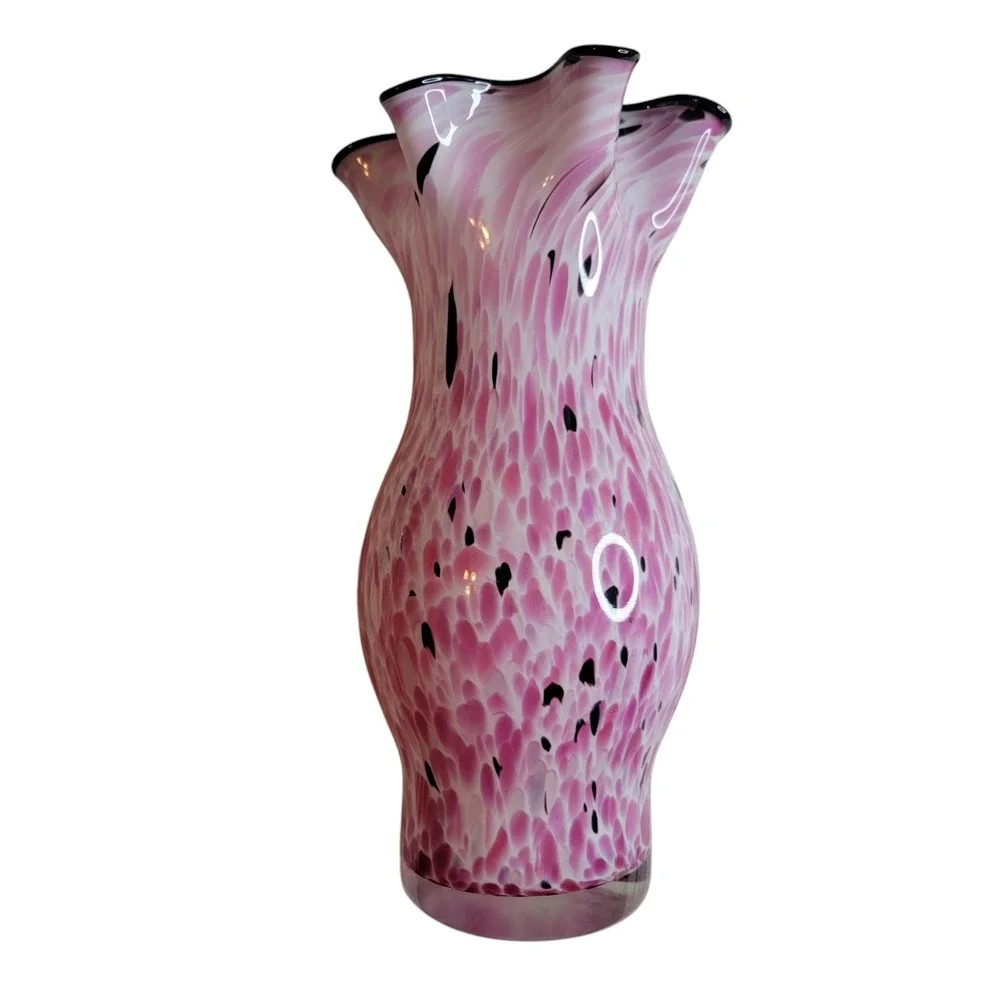 Hand Blown Art Glass Vase Pink Speckled Black White Ruffled Floral Studio Decor